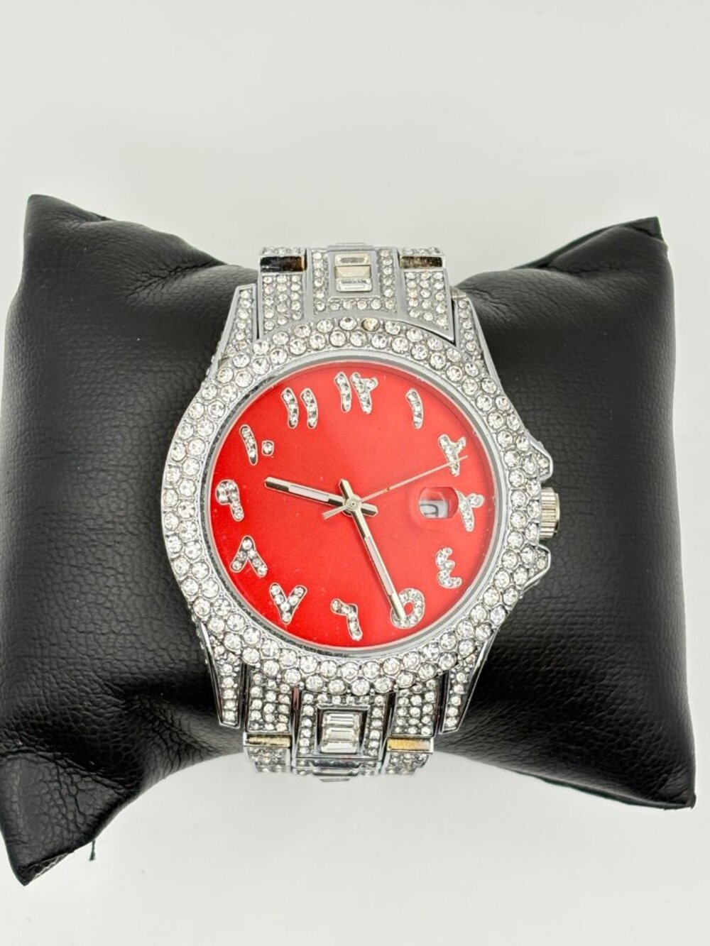Iced Out Mens Watch Silver Tone Rhinestone Red Dial Eastern Arabic Numerals Date